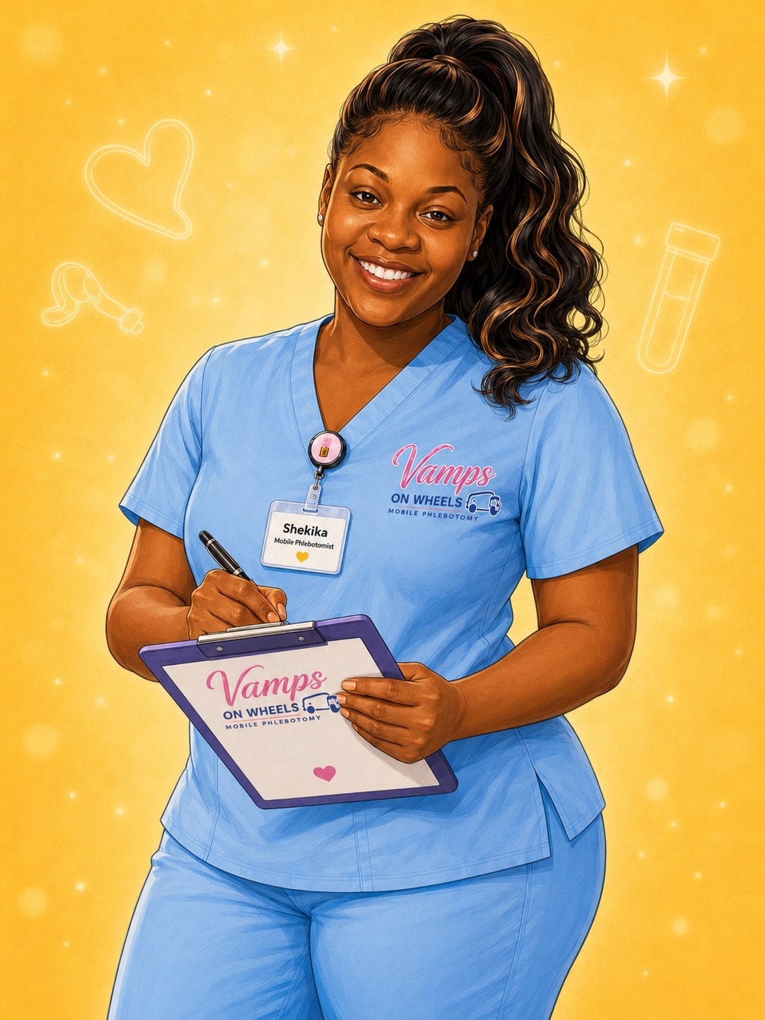 Vamps on Wheels phlebotomist illustrated character
