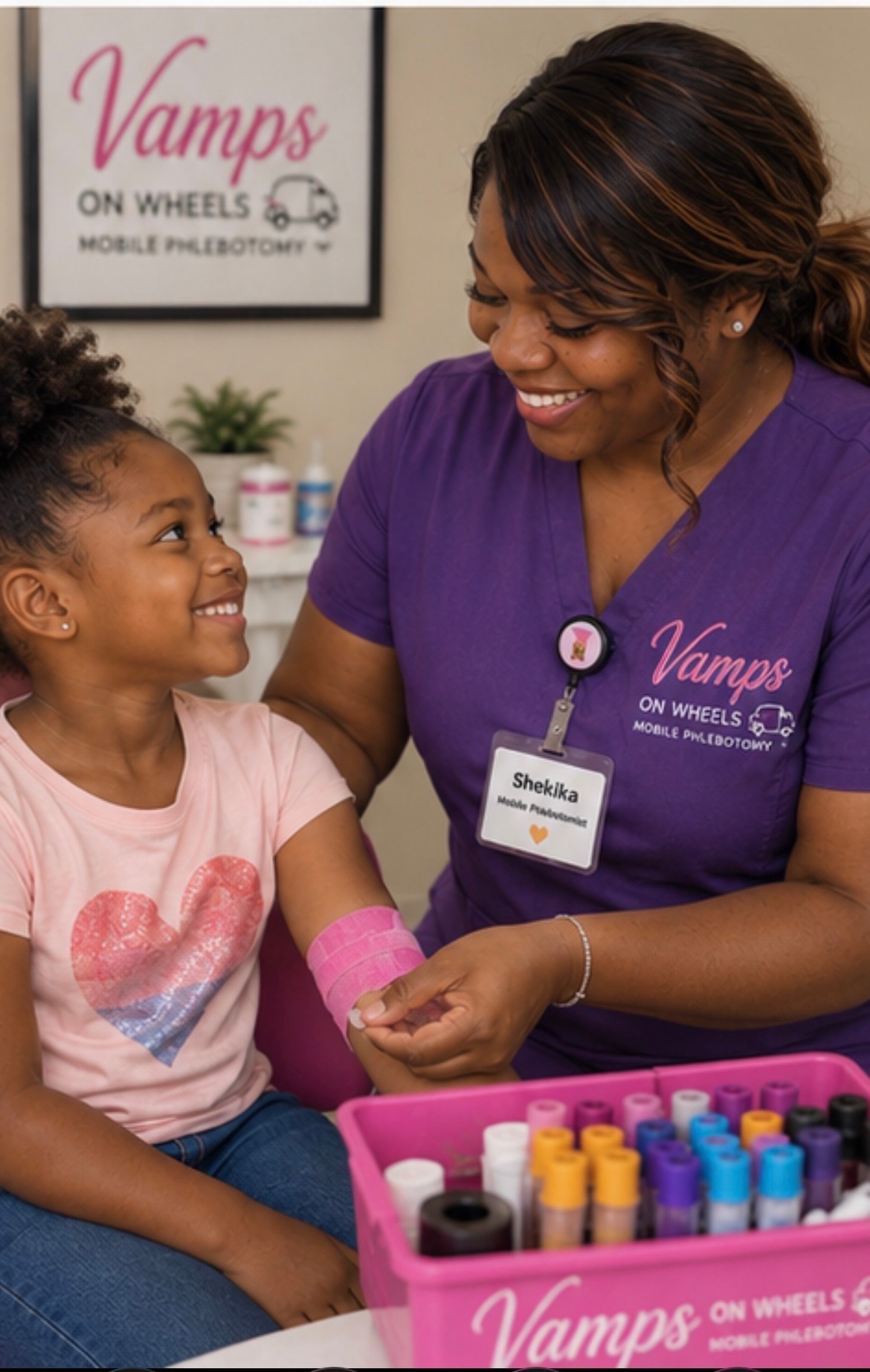 Shekika Poole providing compassionate mobile phlebotomy care to a young patient